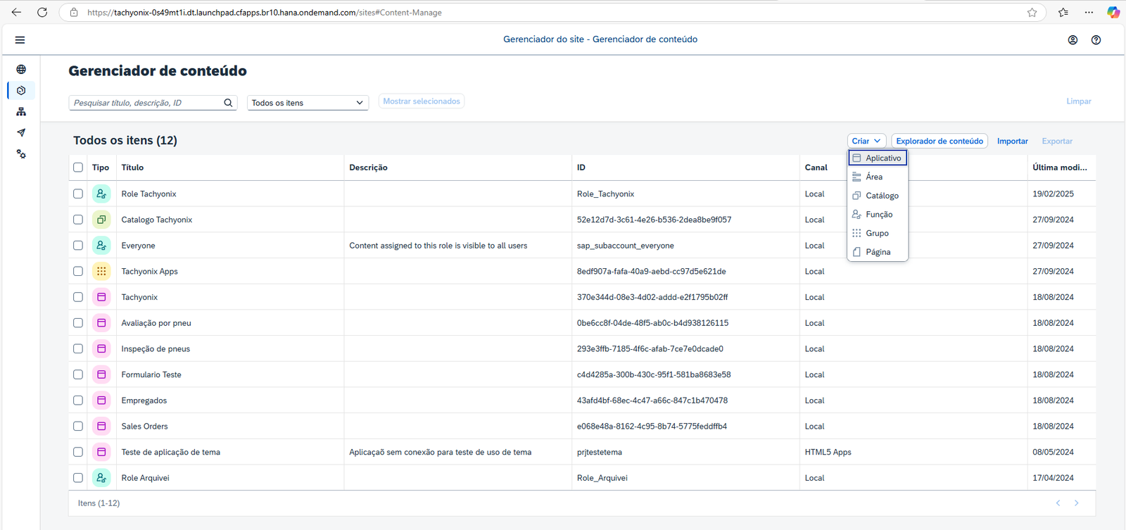 Menu Criar com a opção Aplicativo no Gerenciador de conteúdo