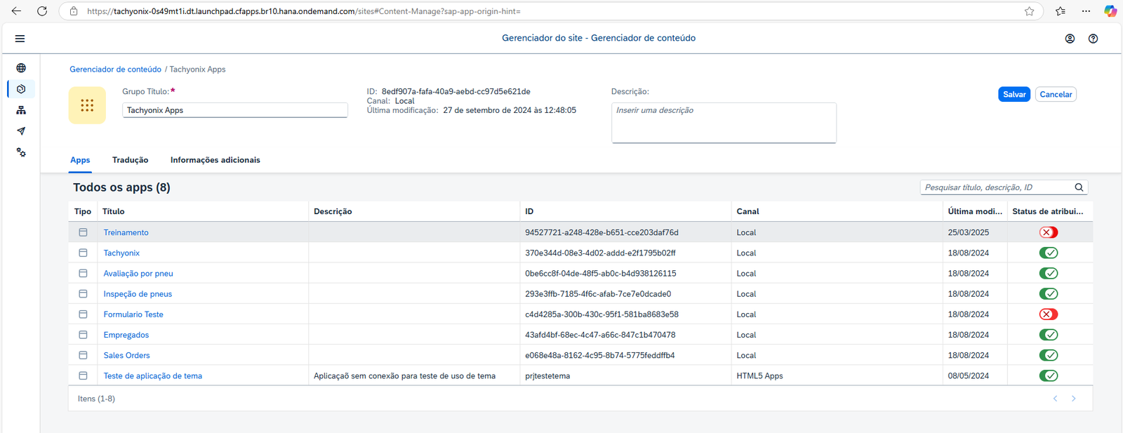 Lista de apps do grupo com o interruptor de status desligado