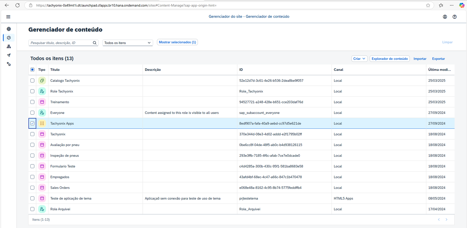 Item Tachyonix Apps na lista do Gerenciador de conteúdo
